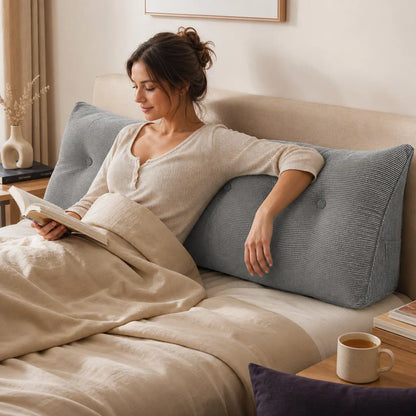 Coussin de lecture lombaire long en polaire – cale dos pour lit et canapé – gris, 120 à 200 cm